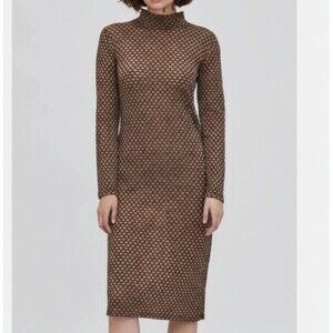 Zara Midi Mock Neck Knit Dress Women Medium Metallic Long Sleeve Semi-Sheer